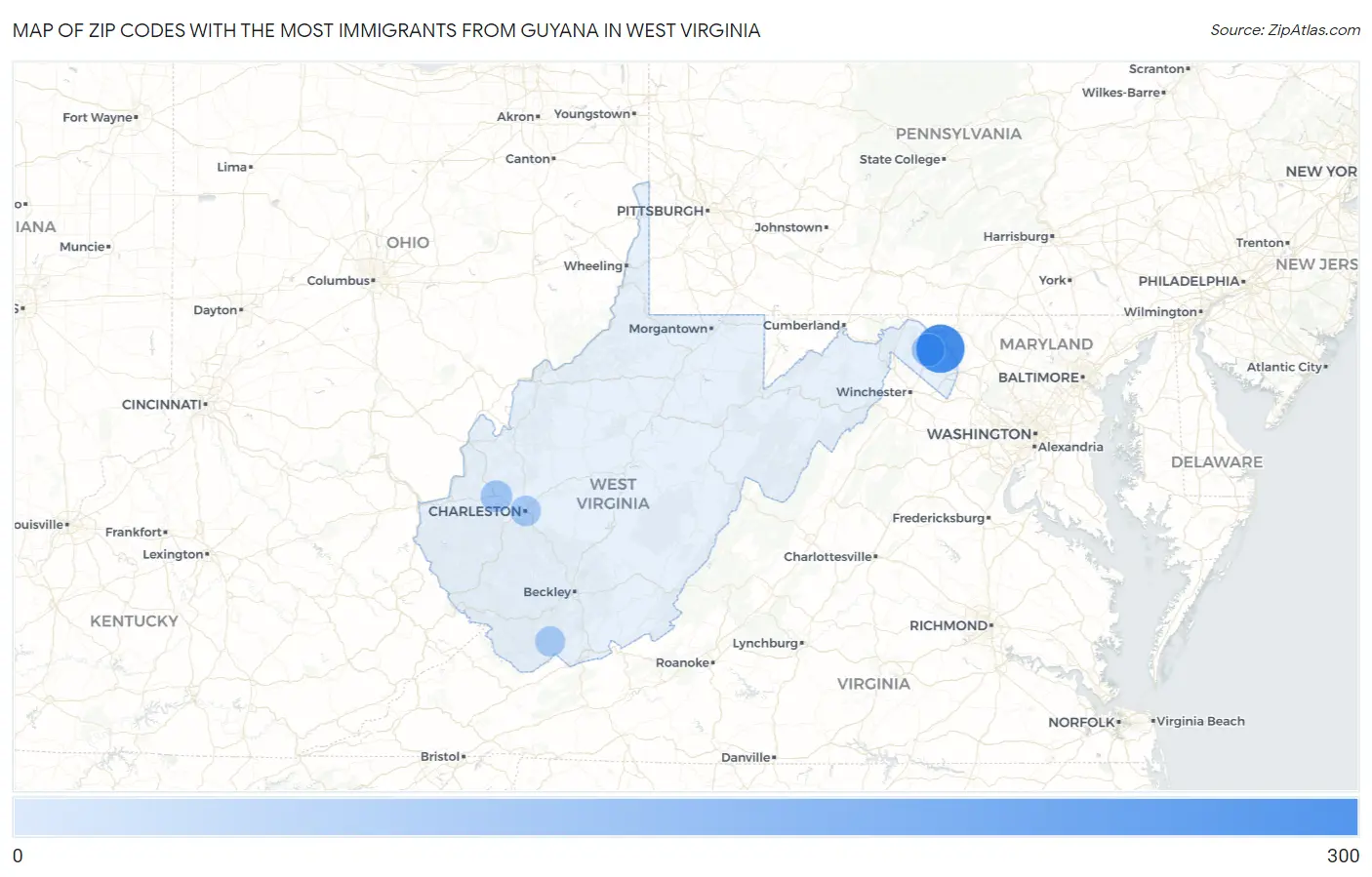 Zip Codes with the Most Immigrants from Guyana in West Virginia Map