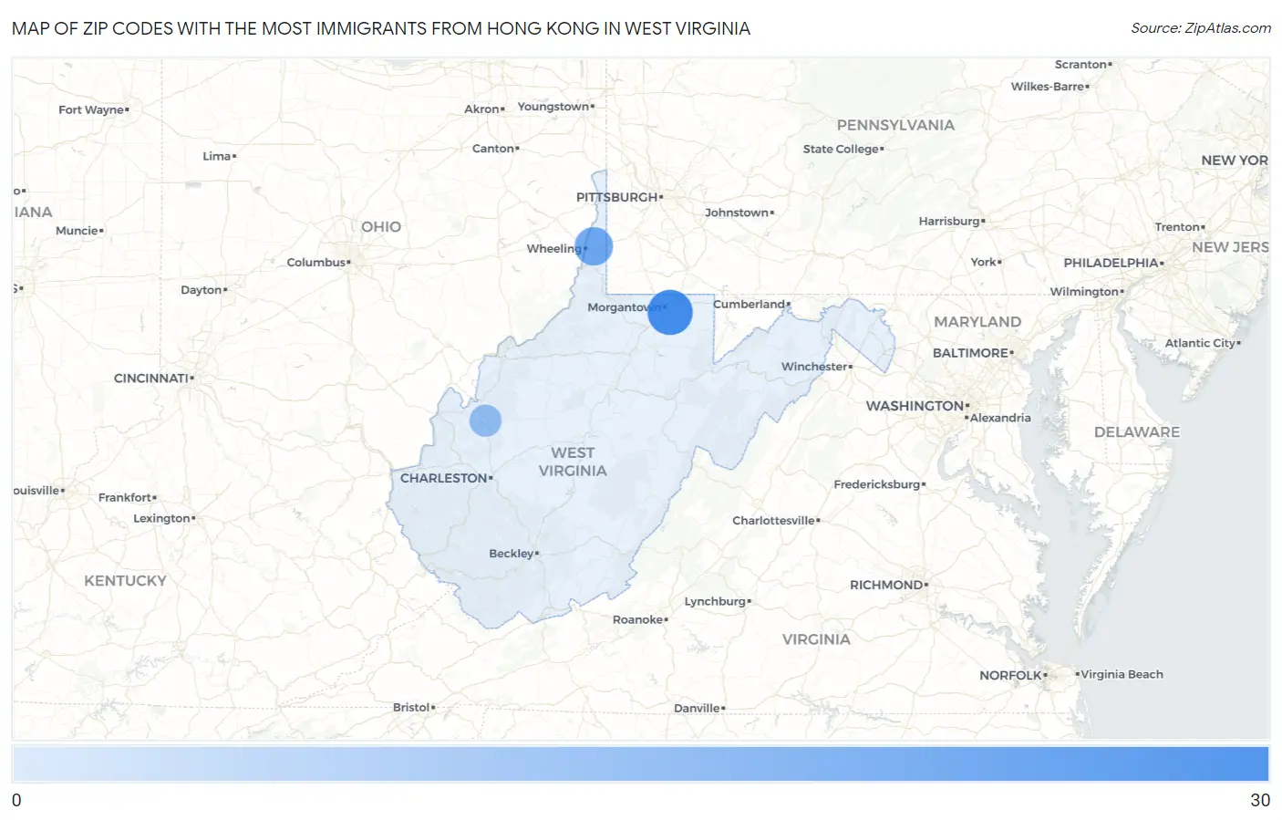 Zip Codes with the Most Immigrants from Hong Kong in West Virginia Map