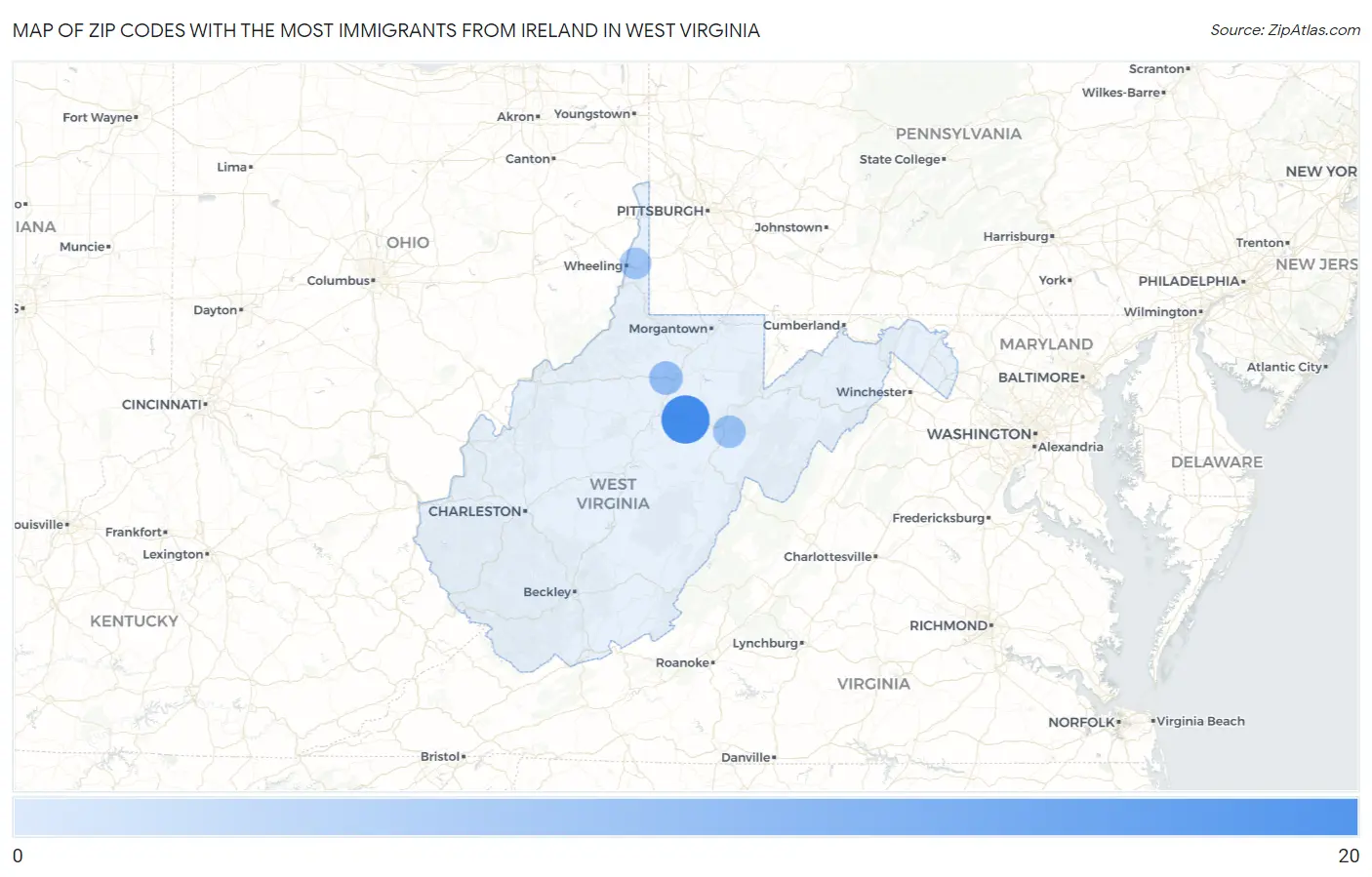 Zip Codes with the Most Immigrants from Ireland in West Virginia Map