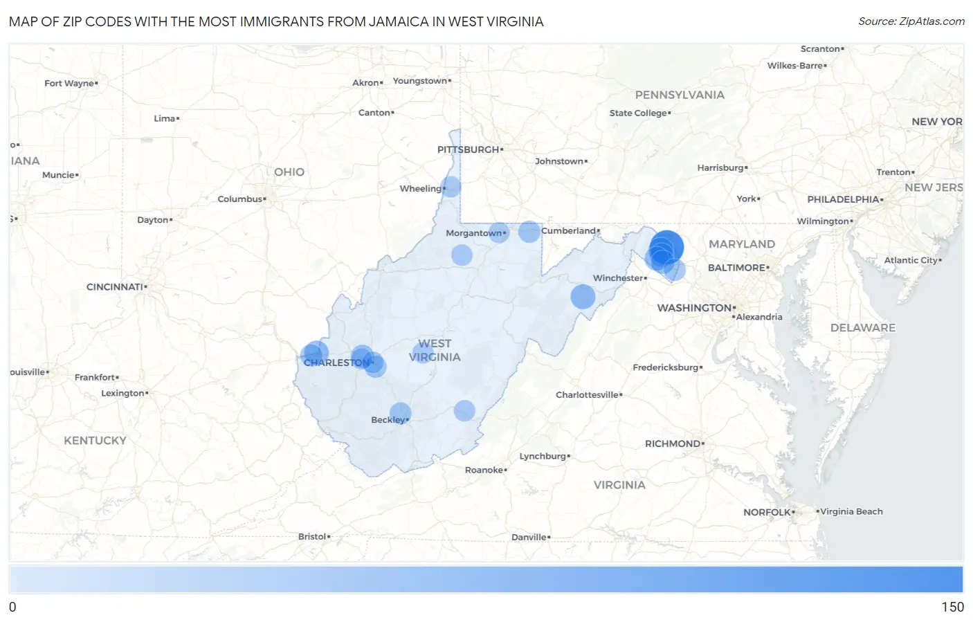 Zip Codes with the Most Immigrants from Jamaica in West Virginia Map