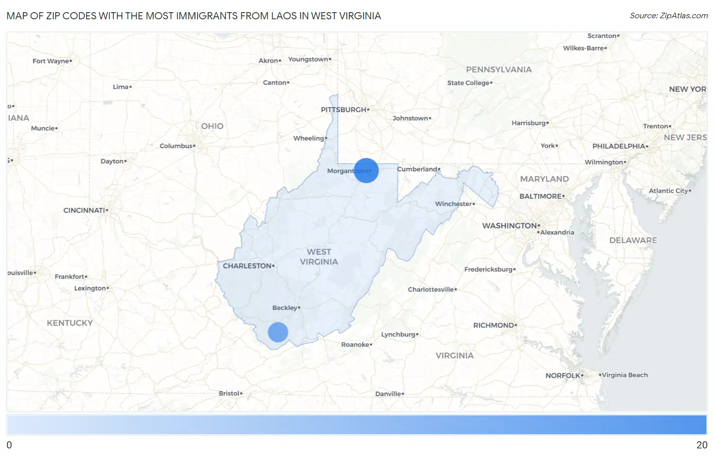 Zip Codes with the Most Immigrants from Laos in West Virginia Map