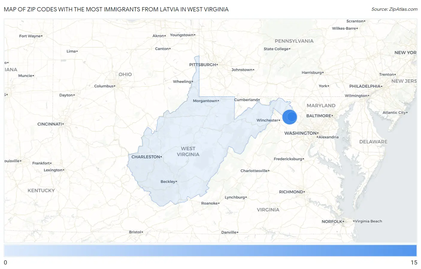 Zip Codes with the Most Immigrants from Latvia in West Virginia Map