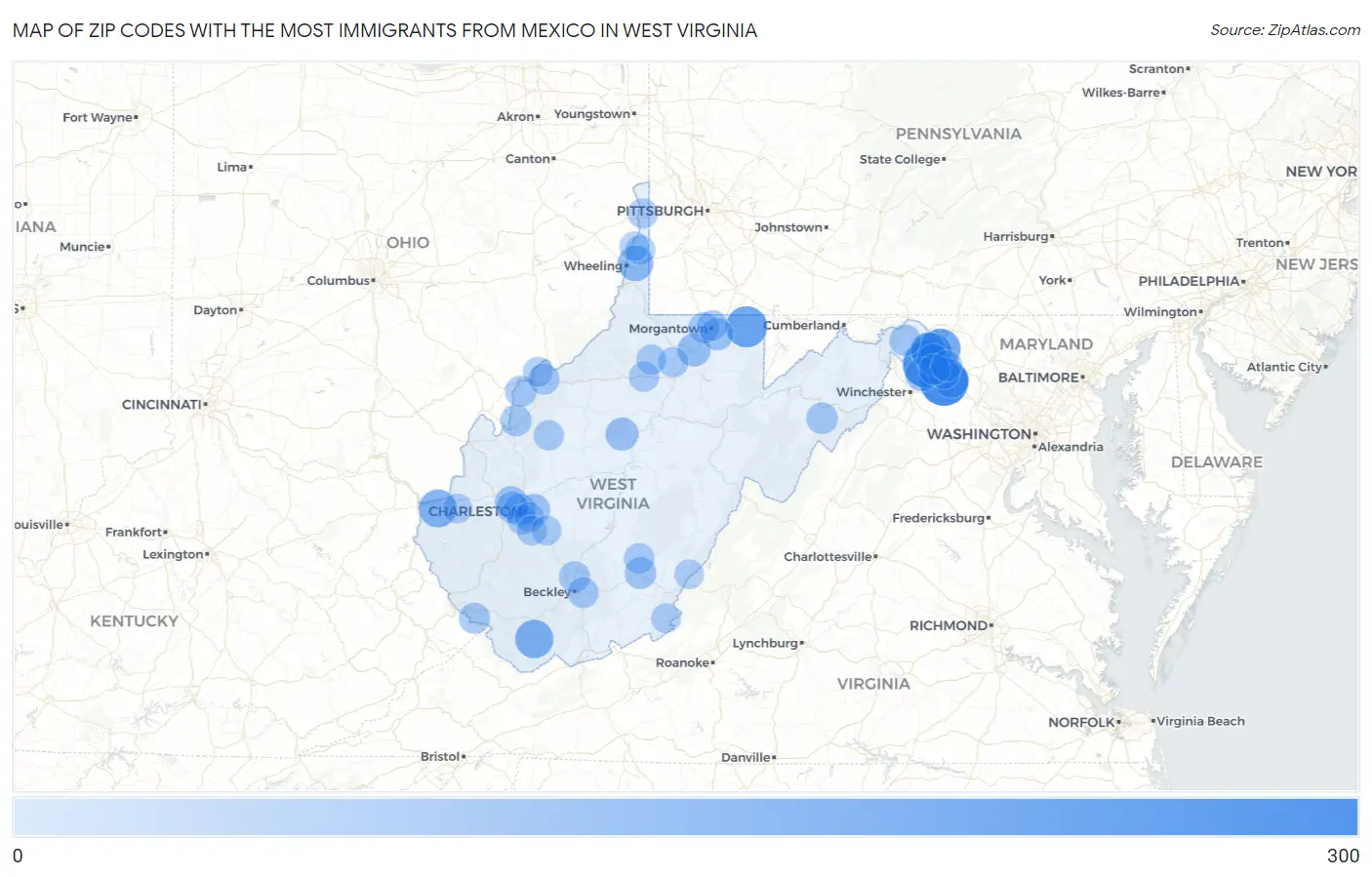 Zip Codes with the Most Immigrants from Mexico in West Virginia Map