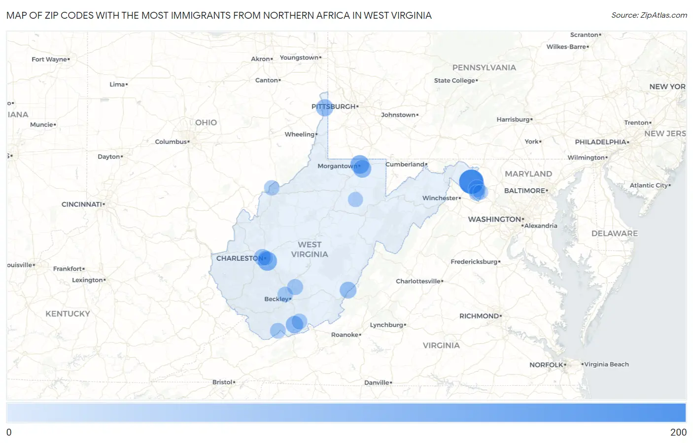 Zip Codes with the Most Immigrants from Northern Africa in West Virginia Map