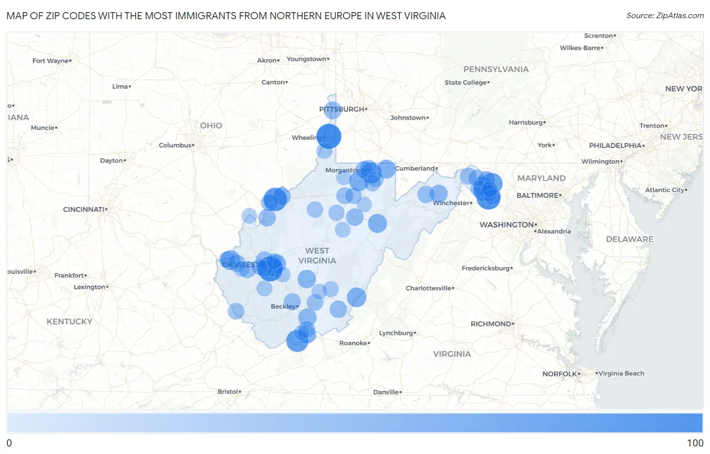 Zip Codes with the Most Immigrants from Northern Europe in West Virginia Map