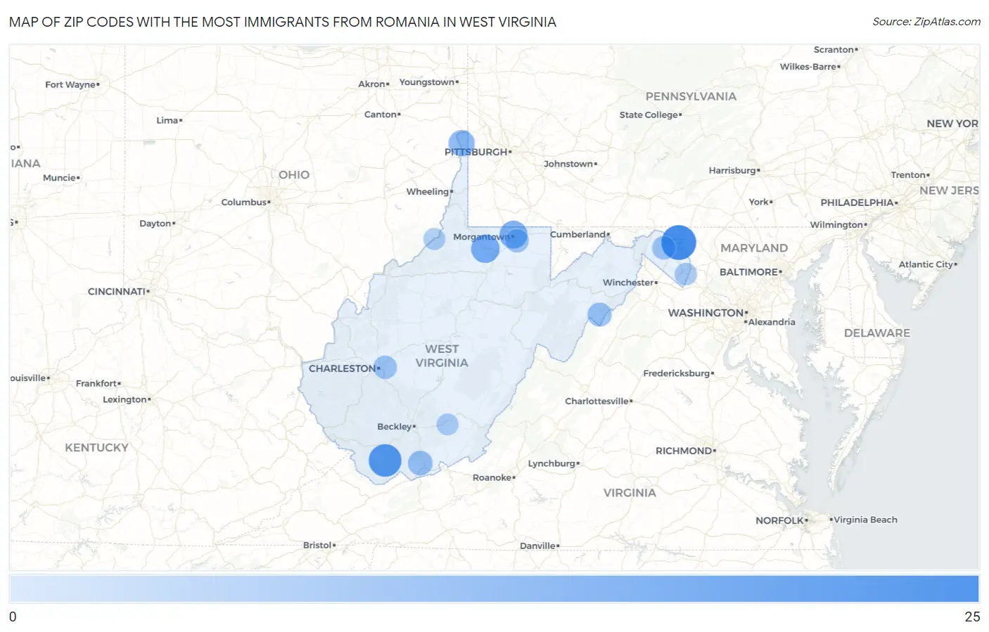Zip Codes with the Most Immigrants from Romania in West Virginia Map