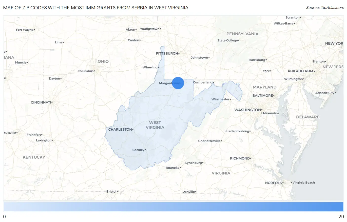 Zip Codes with the Most Immigrants from Serbia in West Virginia Map