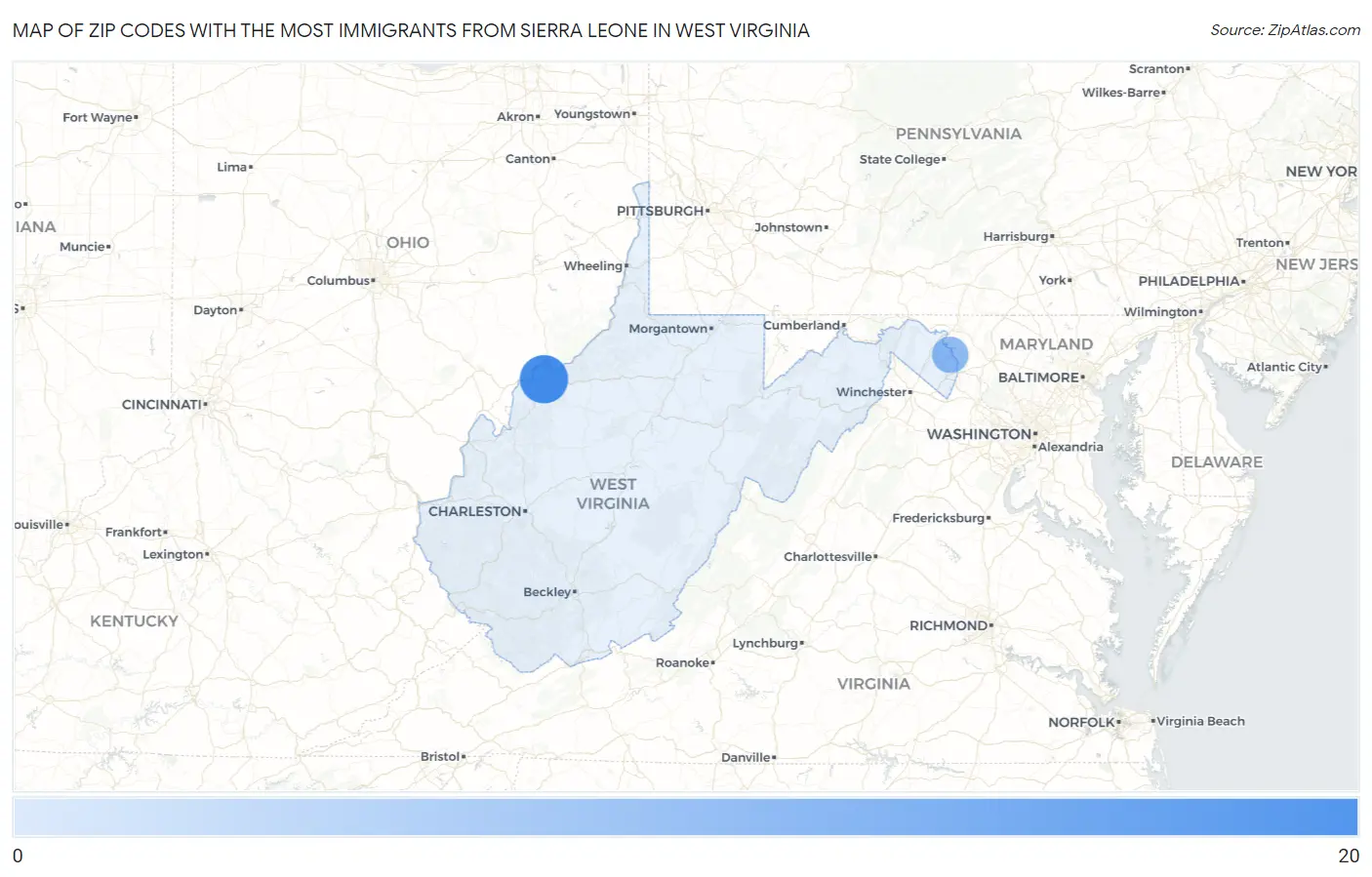 Zip Codes with the Most Immigrants from Sierra Leone in West Virginia Map
