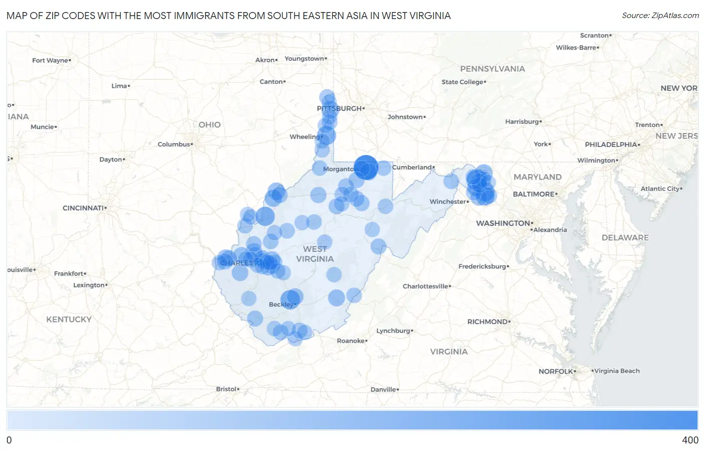 Zip Codes with the Most Immigrants from South Eastern Asia in West Virginia Map