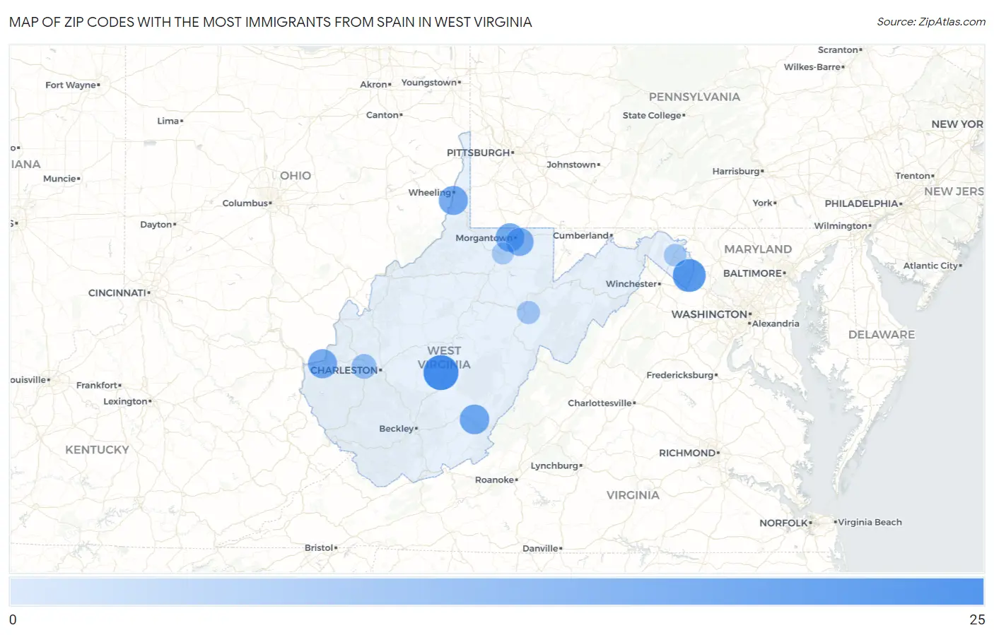 Zip Codes with the Most Immigrants from Spain in West Virginia Map