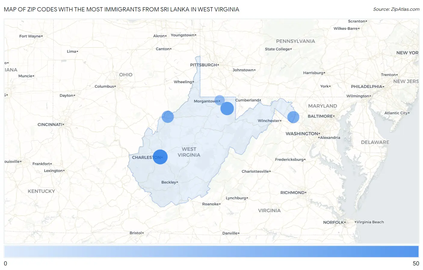 Zip Codes with the Most Immigrants from Sri Lanka in West Virginia Map