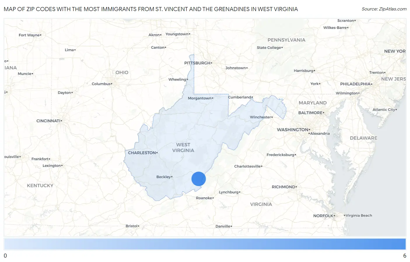 Zip Codes with the Most Immigrants from St. Vincent and the Grenadines in West Virginia Map