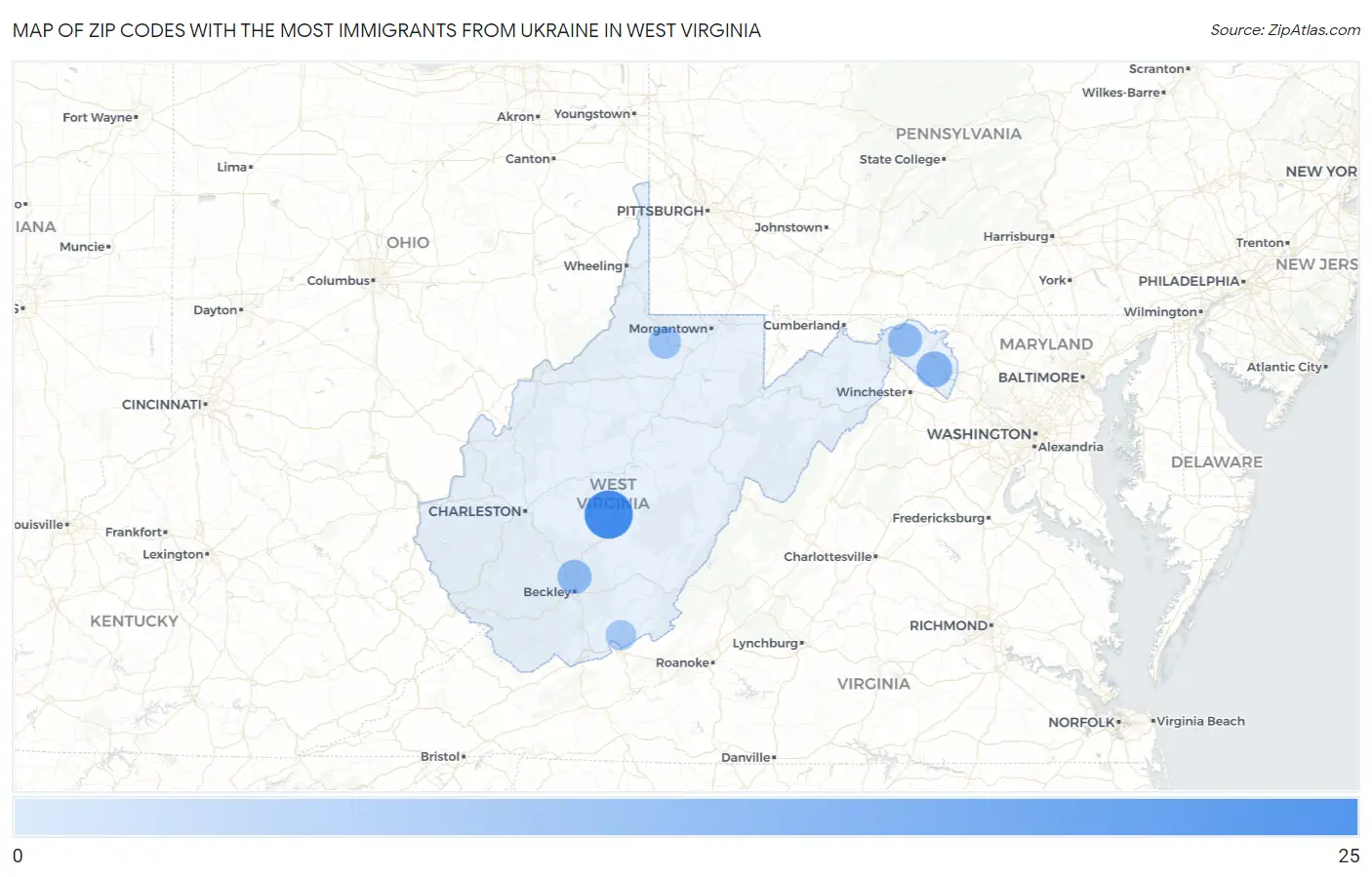 Zip Codes with the Most Immigrants from Ukraine in West Virginia Map