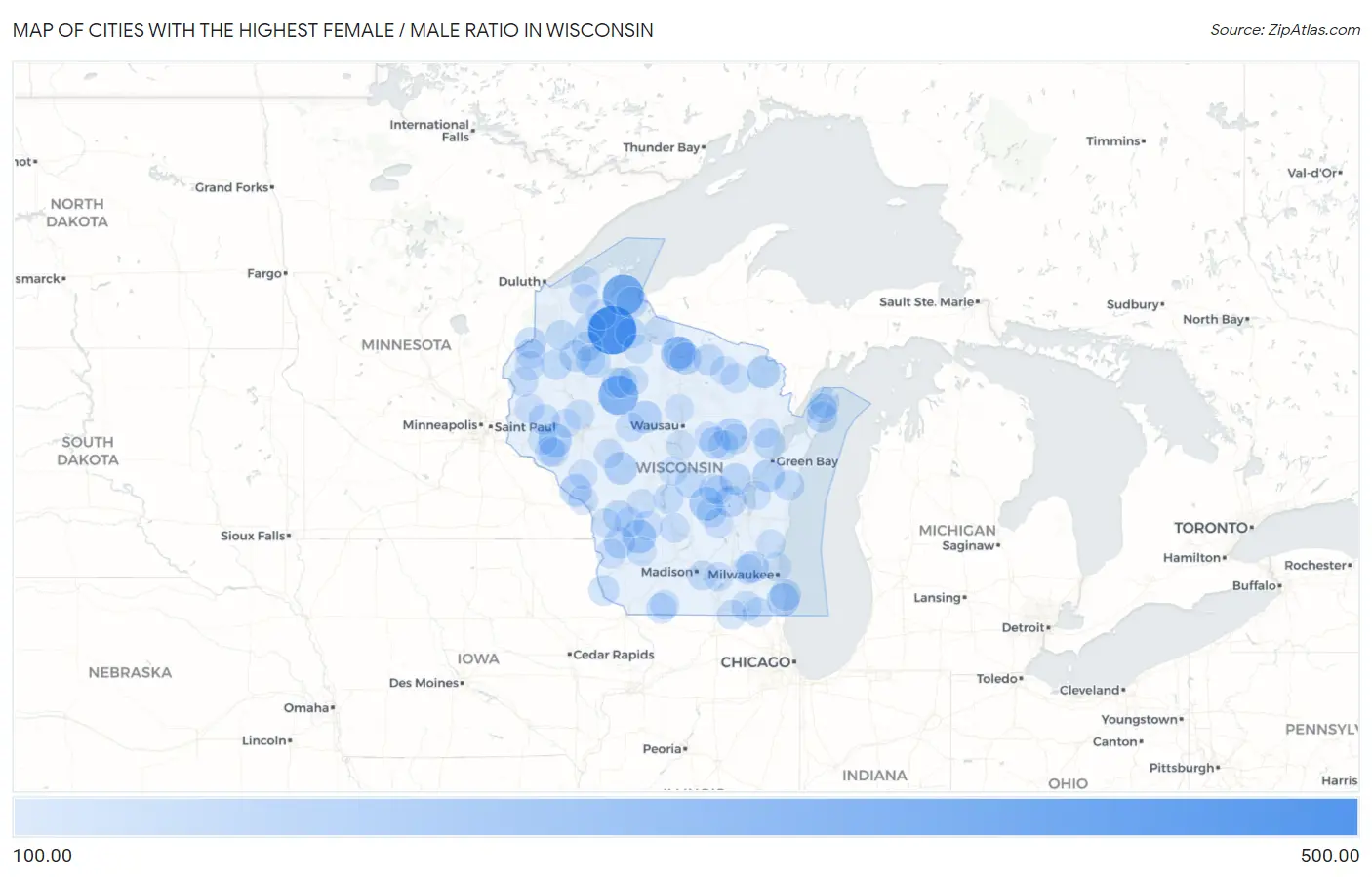 Cities with the Highest Female / Male Ratio in Wisconsin Map