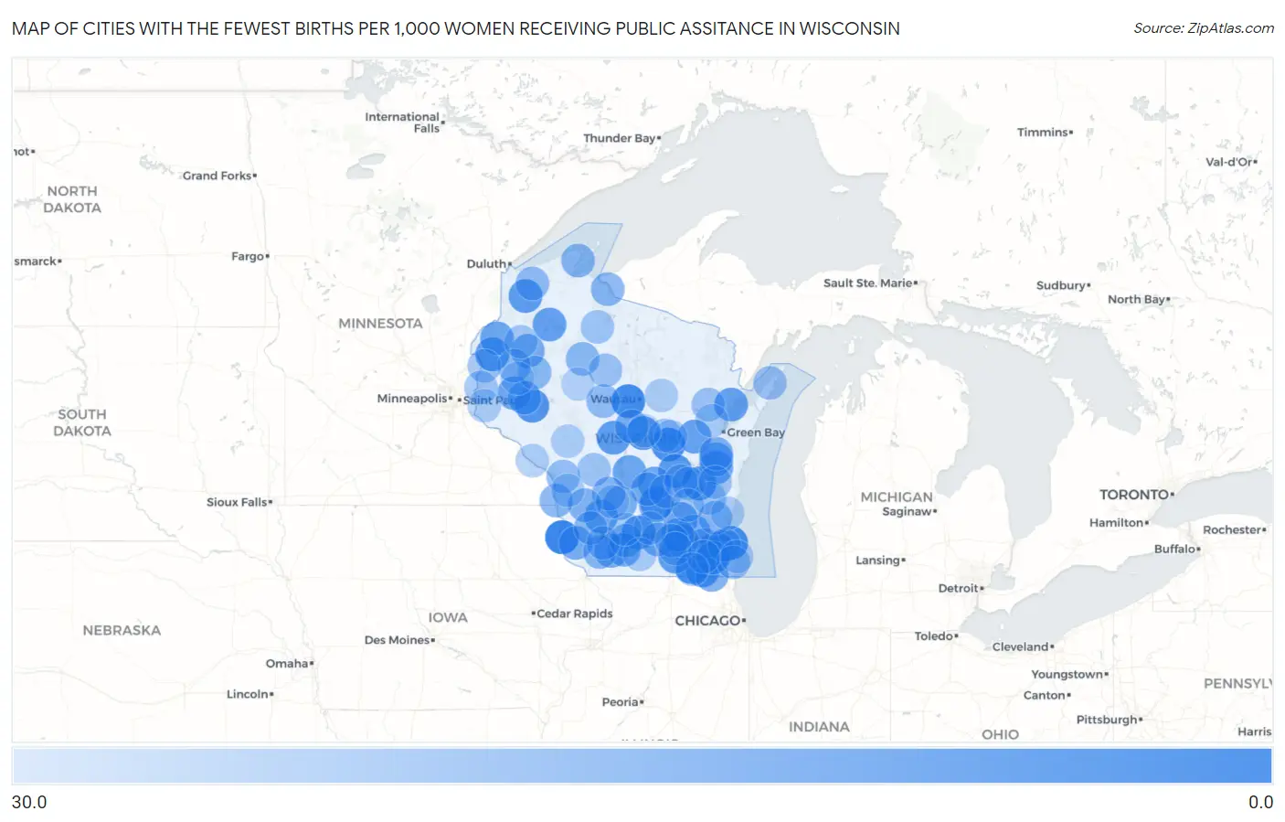 Cities with the Fewest Births per 1,000 Women Receiving Public Assitance in Wisconsin Map