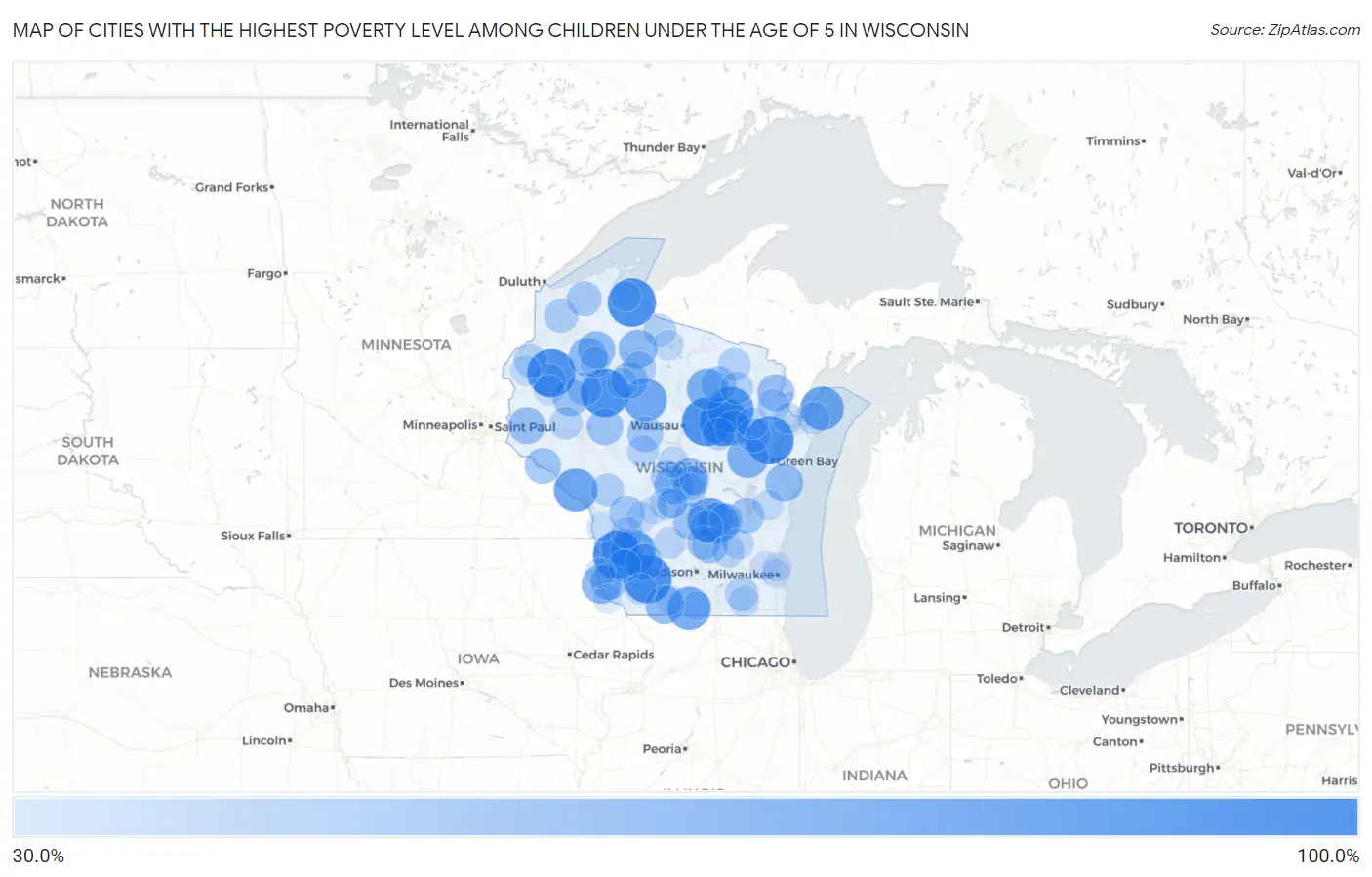 Cities with the Highest Poverty Level Among Children Under the Age of 5 in Wisconsin Map