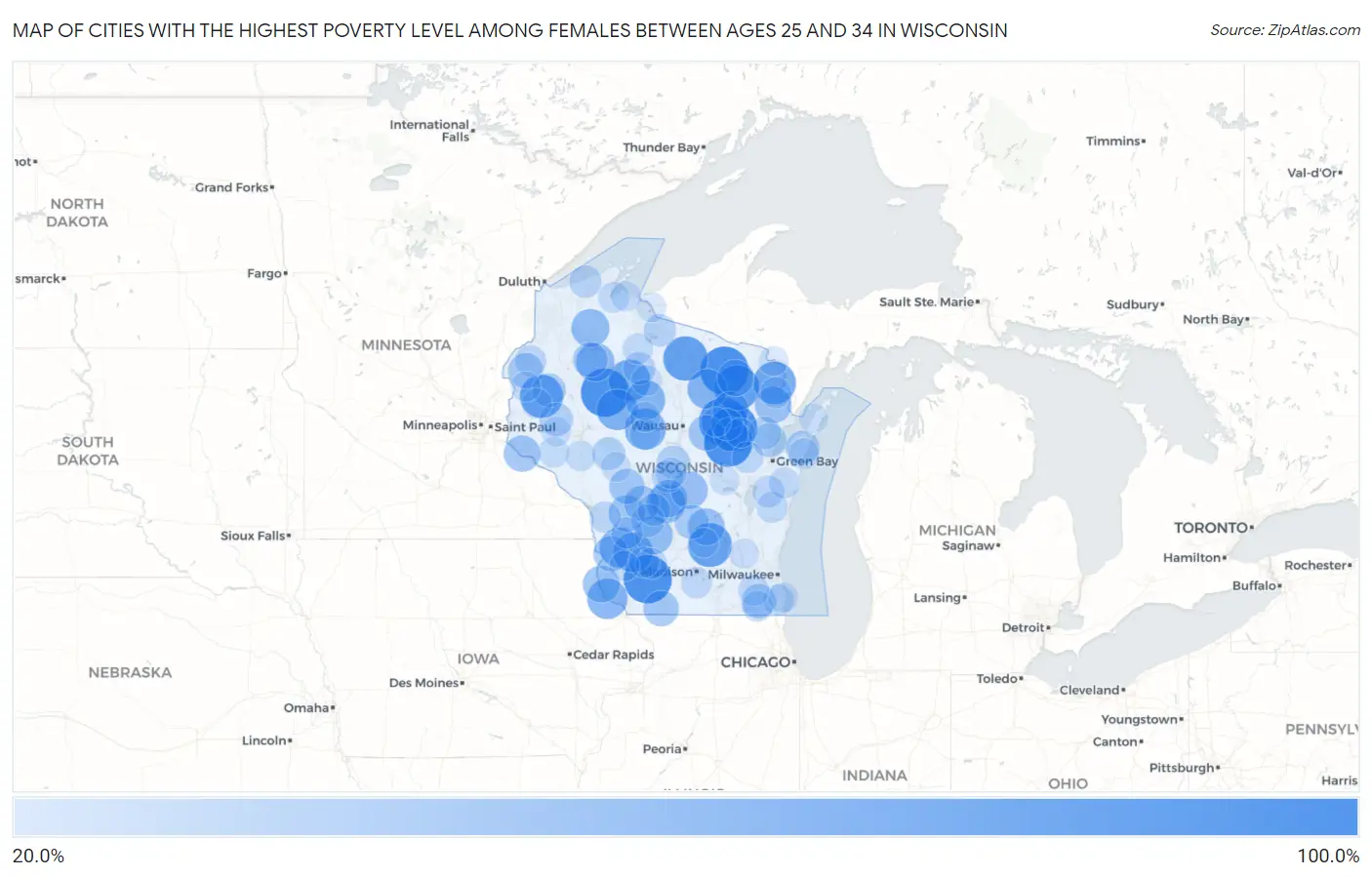 Cities with the Highest Poverty Level Among Females Between Ages 25 and 34 in Wisconsin Map