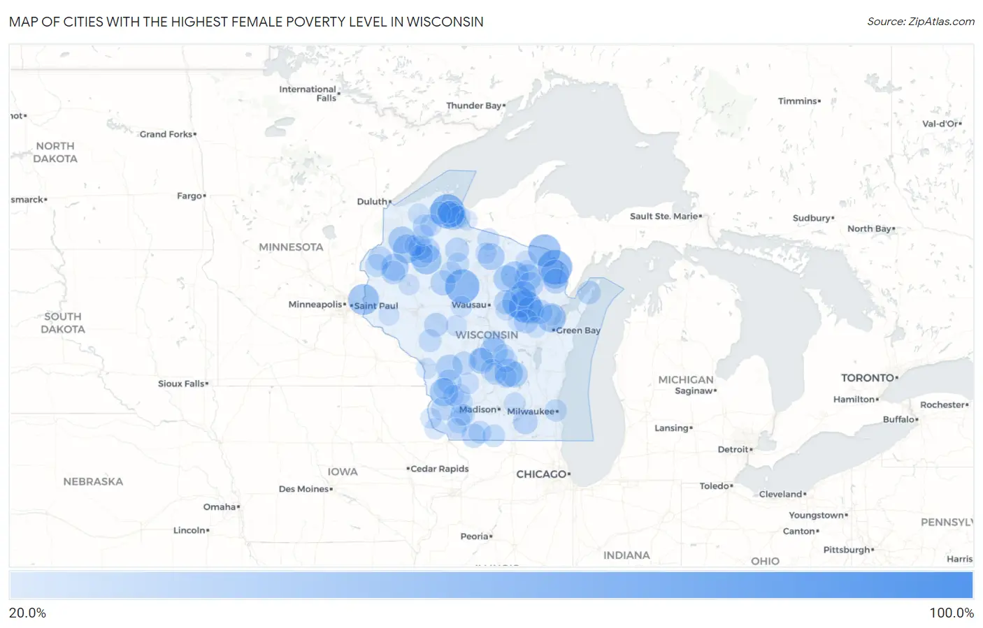 Cities with the Highest Female Poverty Level in Wisconsin Map