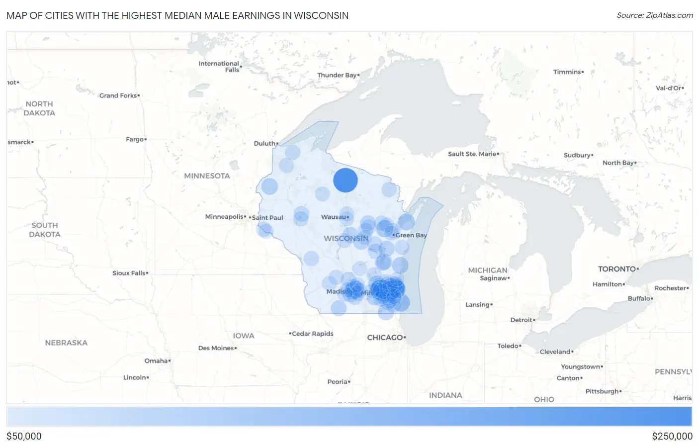Cities with the Highest Median Male Earnings in Wisconsin Map