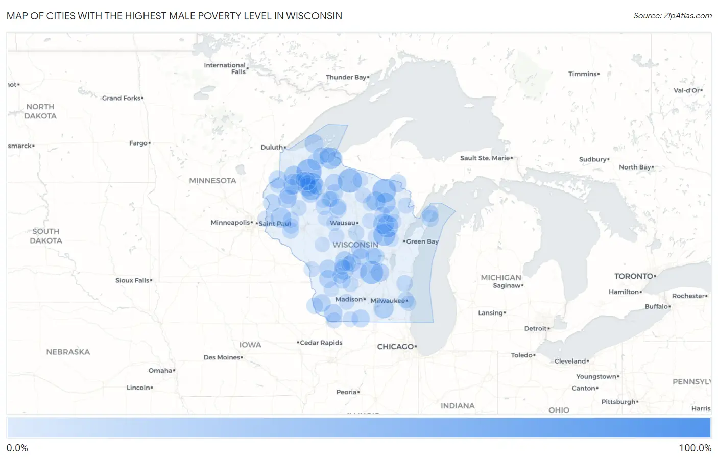 Cities with the Highest Male Poverty Level in Wisconsin Map