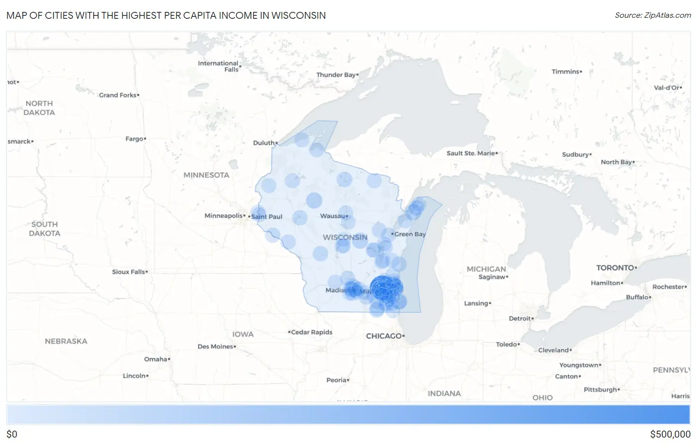 Cities with the Highest Per Capita Income in Wisconsin Map