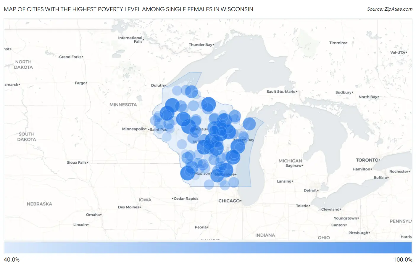Cities with the Highest Poverty Level Among Single Females in Wisconsin Map