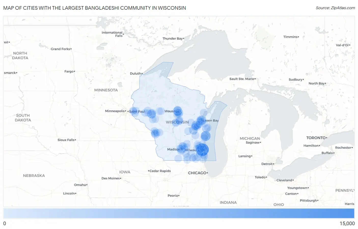 Cities with the Largest Bangladeshi Community in Wisconsin Map