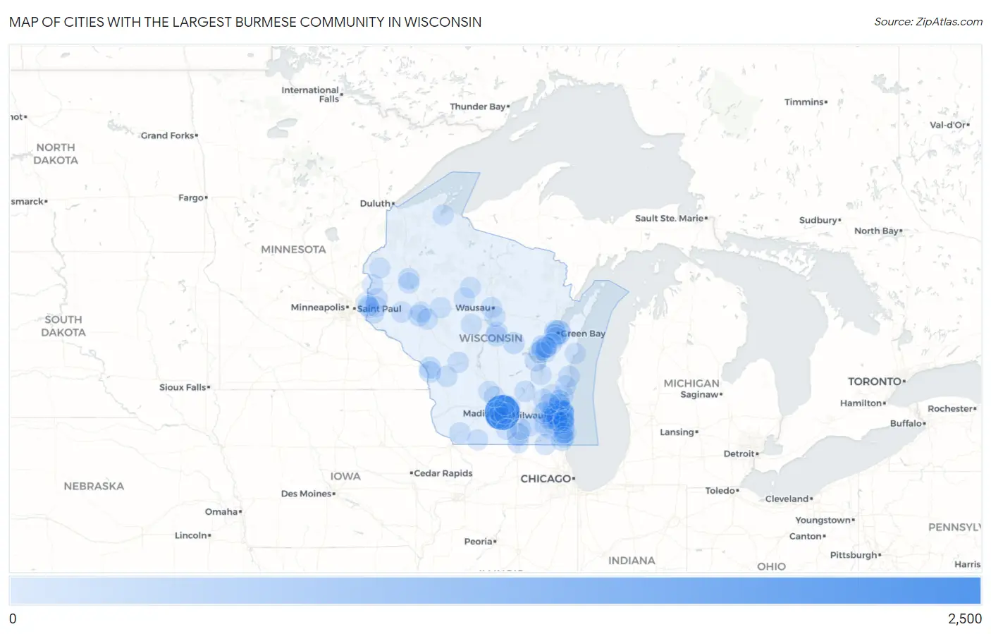 Cities with the Largest Burmese Community in Wisconsin Map