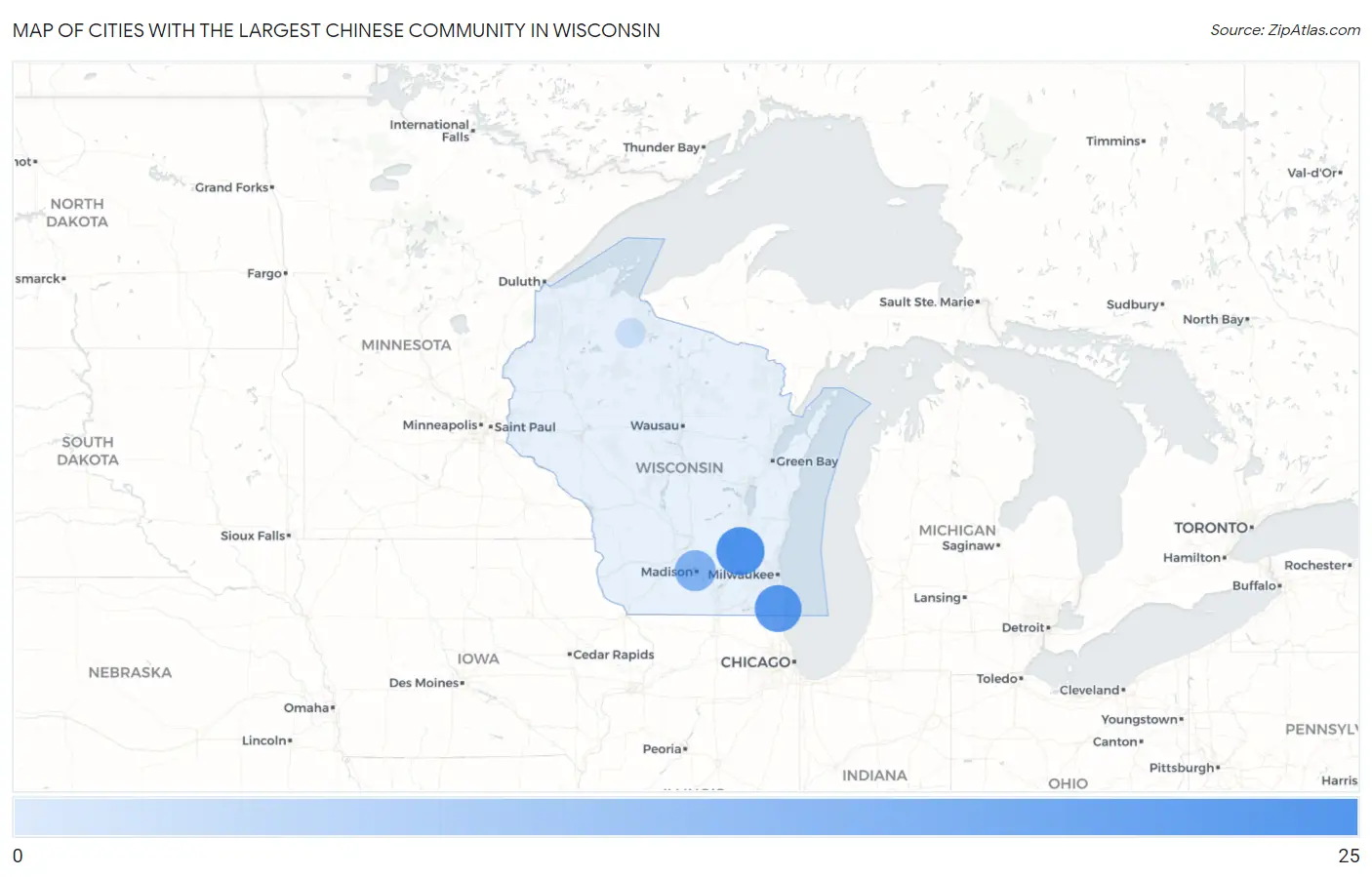 Cities with the Largest Chinese Community in Wisconsin Map