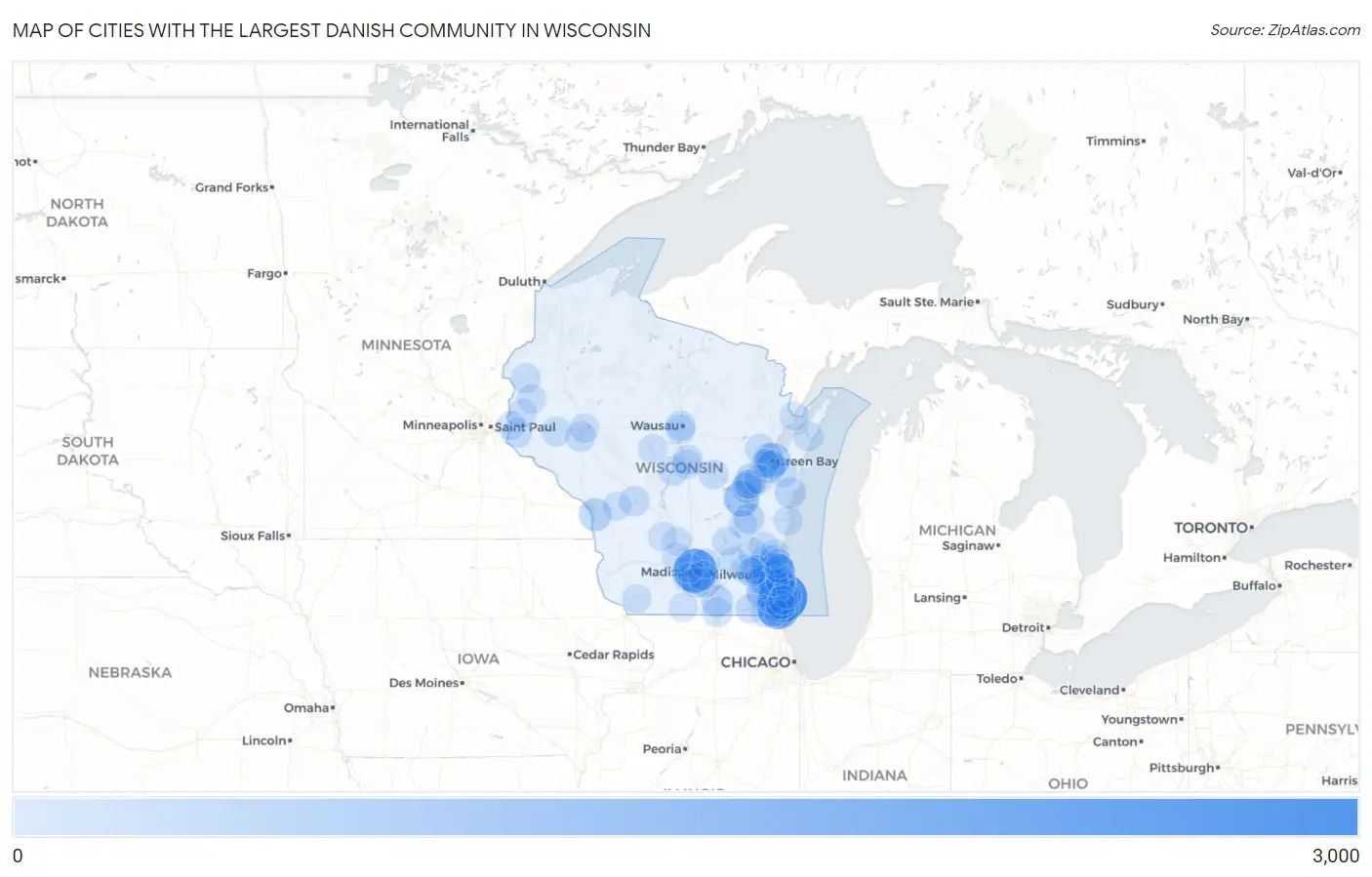 Cities with the Largest Danish Community in Wisconsin Map