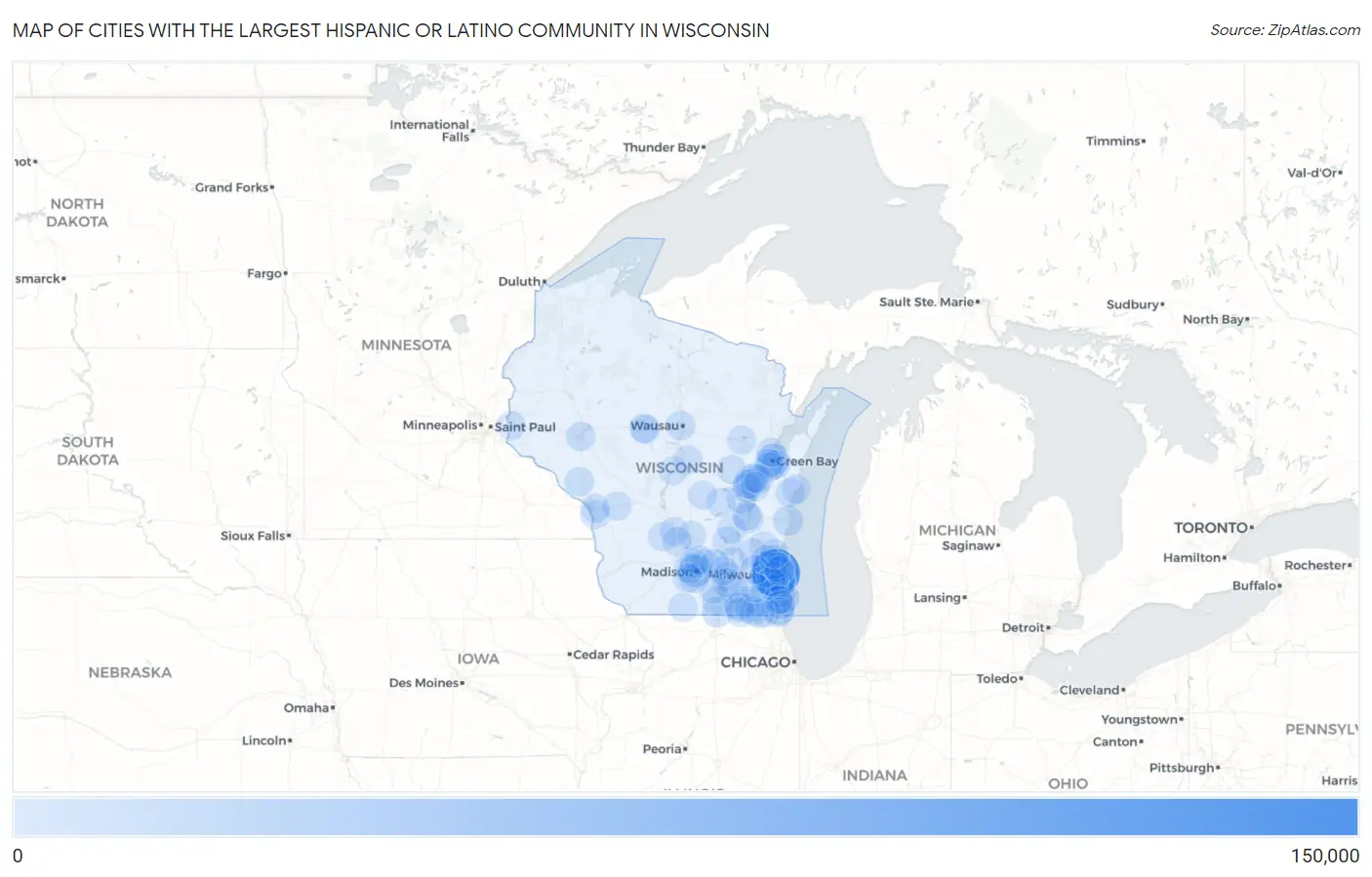Cities with the Largest Hispanic or Latino Community in Wisconsin Map