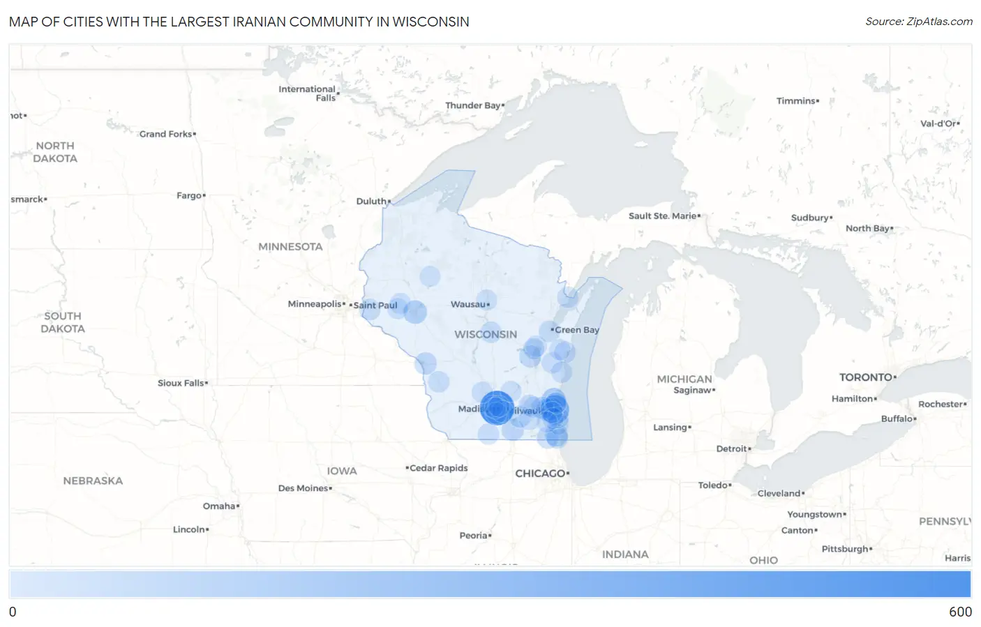Cities with the Largest Iranian Community in Wisconsin Map