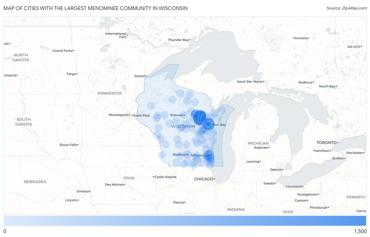 Cities with the Largest Menominee Community in Wisconsin Map