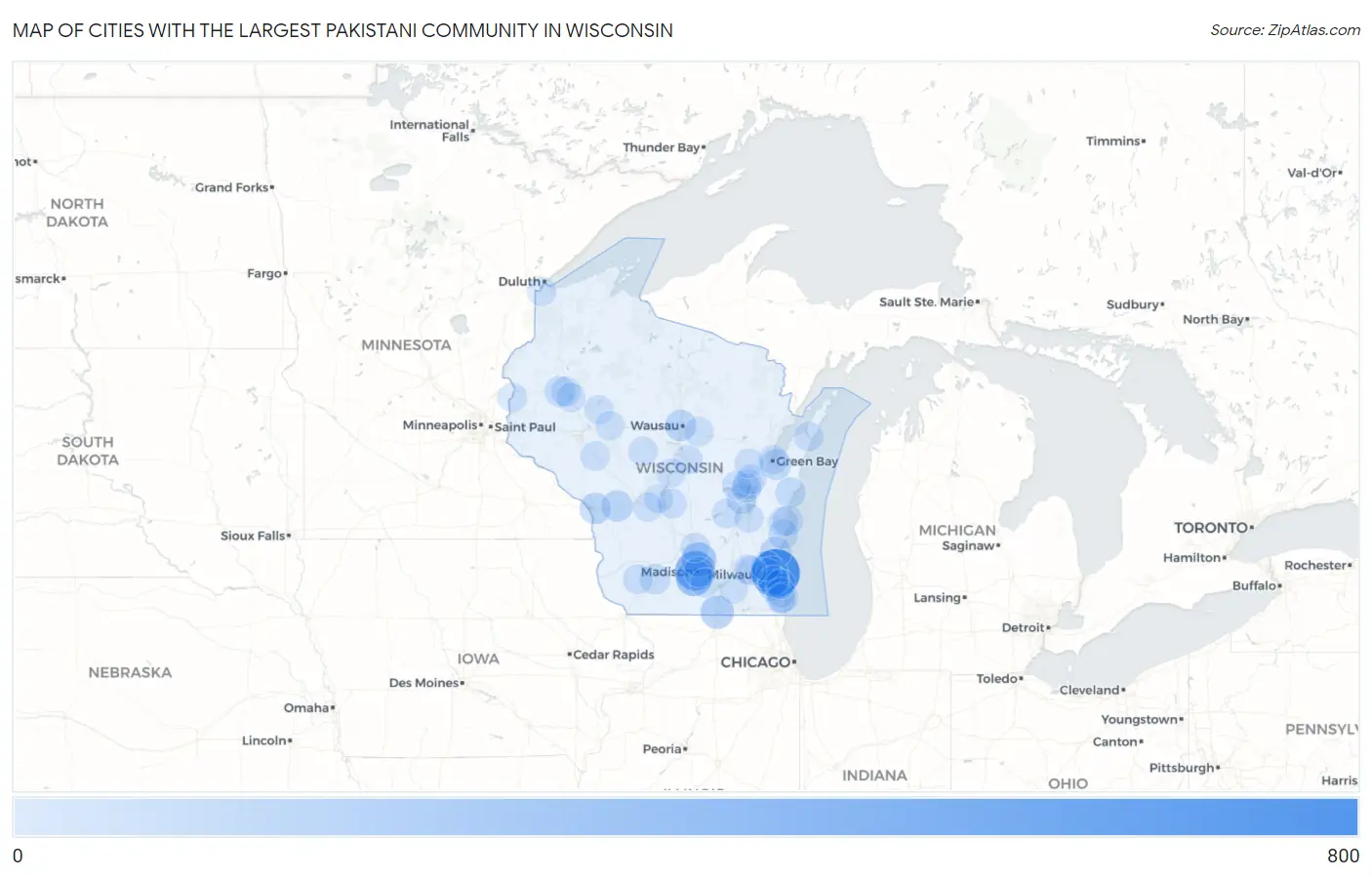 Cities with the Largest Pakistani Community in Wisconsin Map