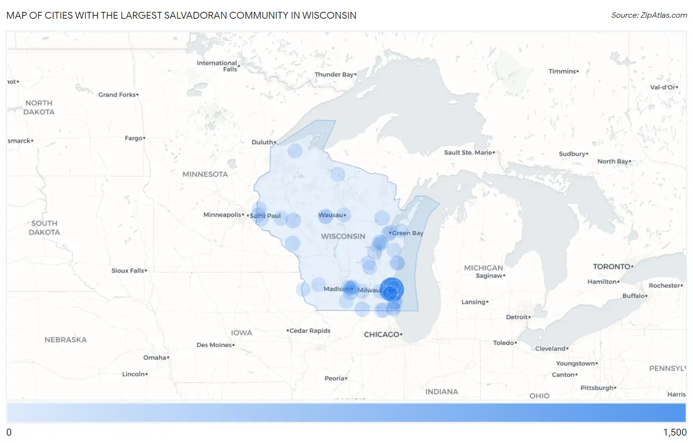 Cities with the Largest Salvadoran Community in Wisconsin Map