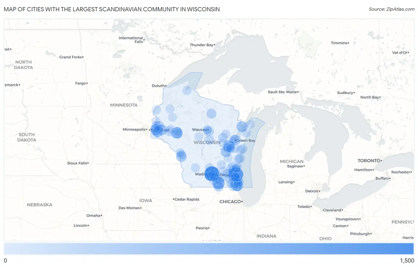Cities with the Largest Scandinavian Community in Wisconsin Map