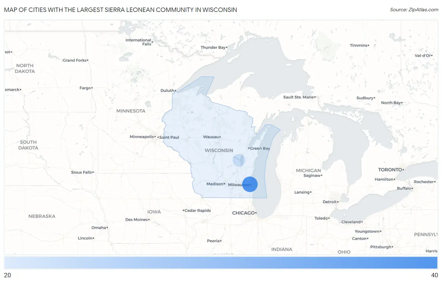 Cities with the Largest Sierra Leonean Community in Wisconsin Map