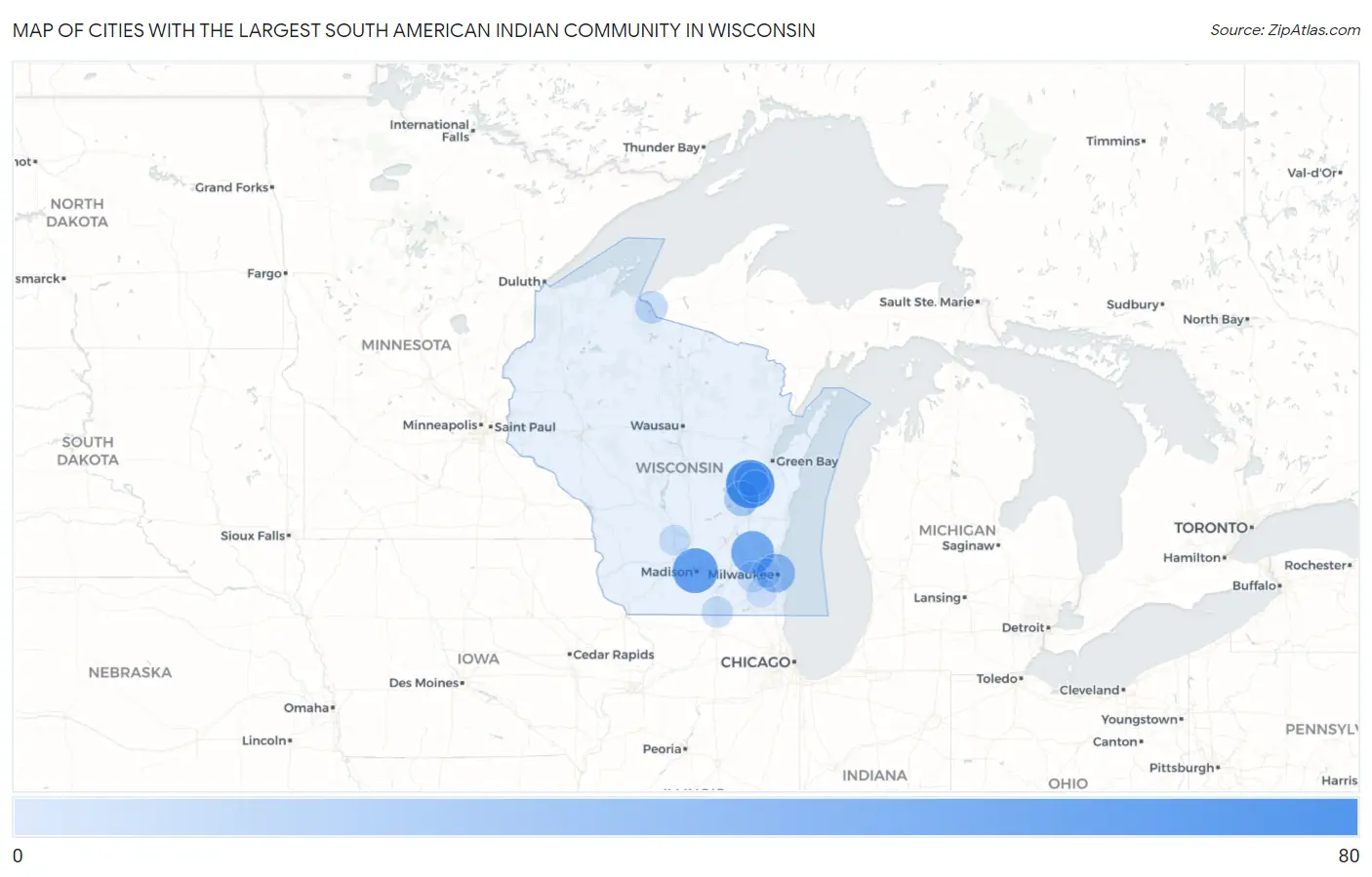 Cities with the Largest South American Indian Community in Wisconsin Map