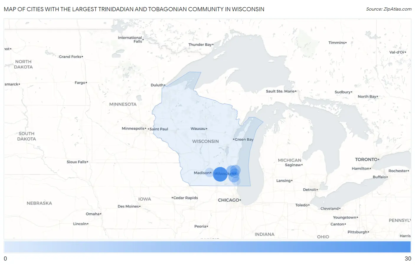 Cities with the Largest Trinidadian and Tobagonian Community in Wisconsin Map
