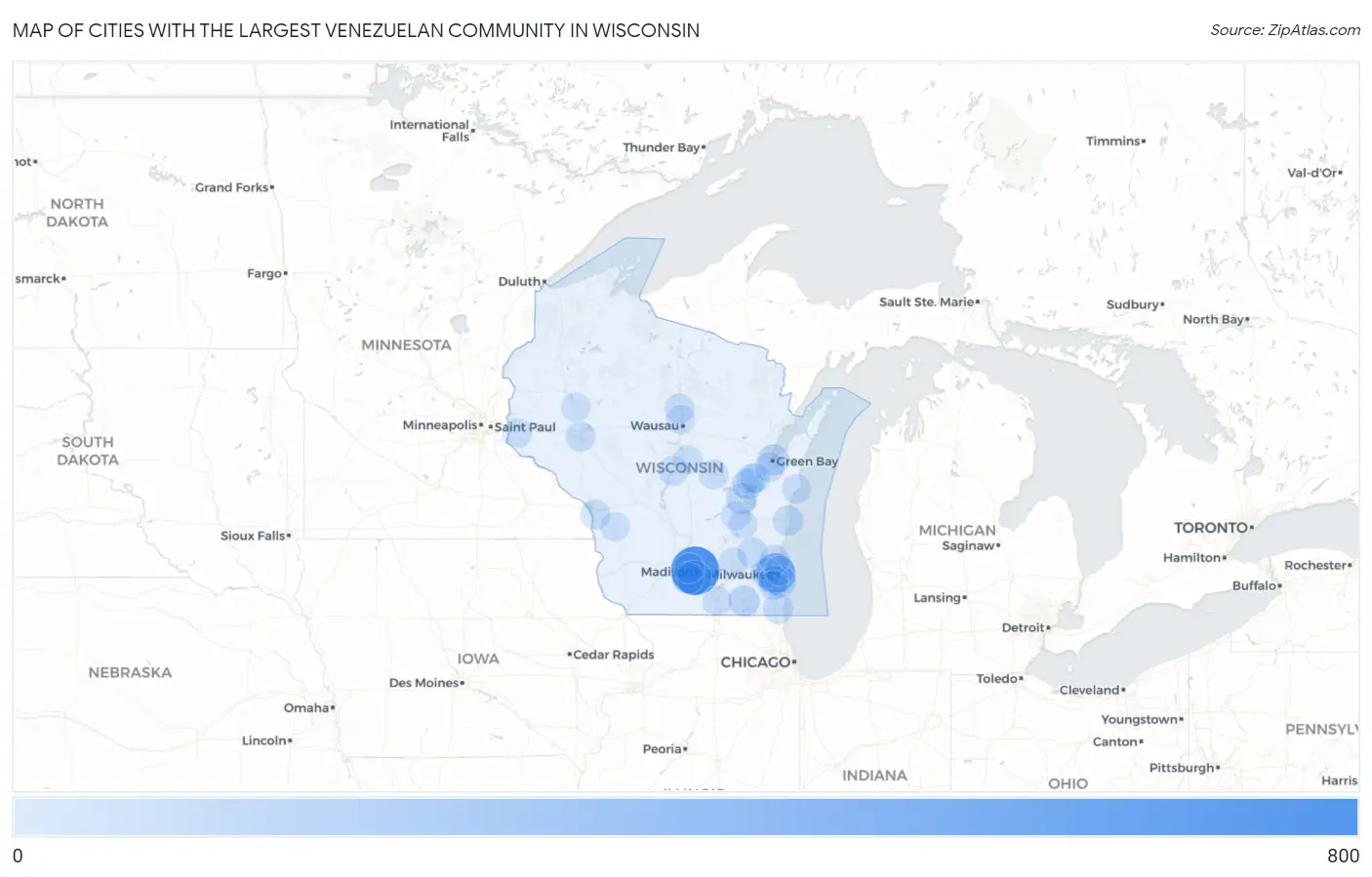 Cities with the Largest Venezuelan Community in Wisconsin Map