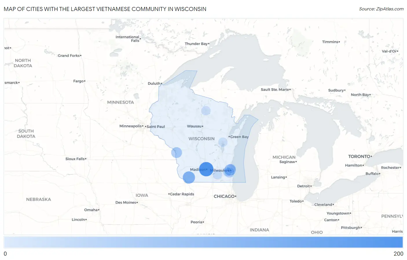 Cities with the Largest Vietnamese Community in Wisconsin Map
