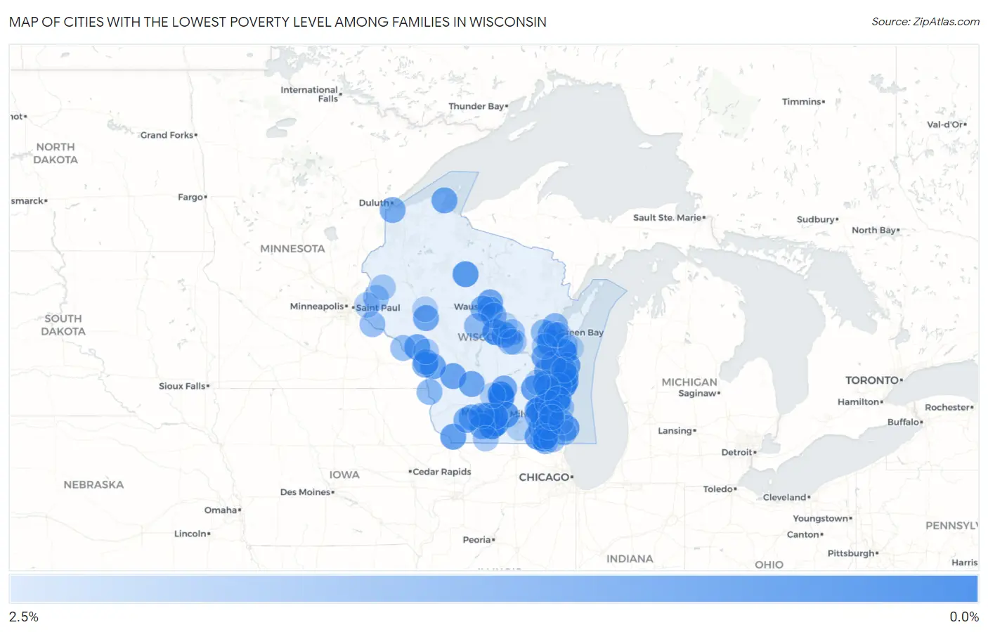 Cities with the Lowest Poverty Level Among Families in Wisconsin Map
