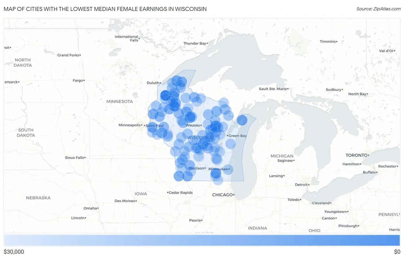 Cities with the Lowest Median Female Earnings in Wisconsin Map