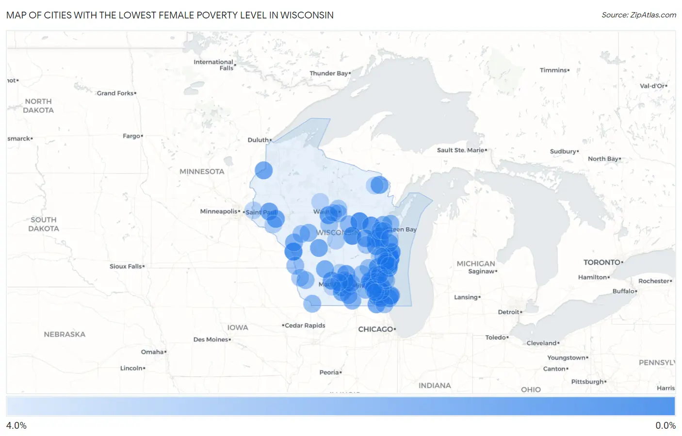 Cities with the Lowest Female Poverty Level in Wisconsin Map