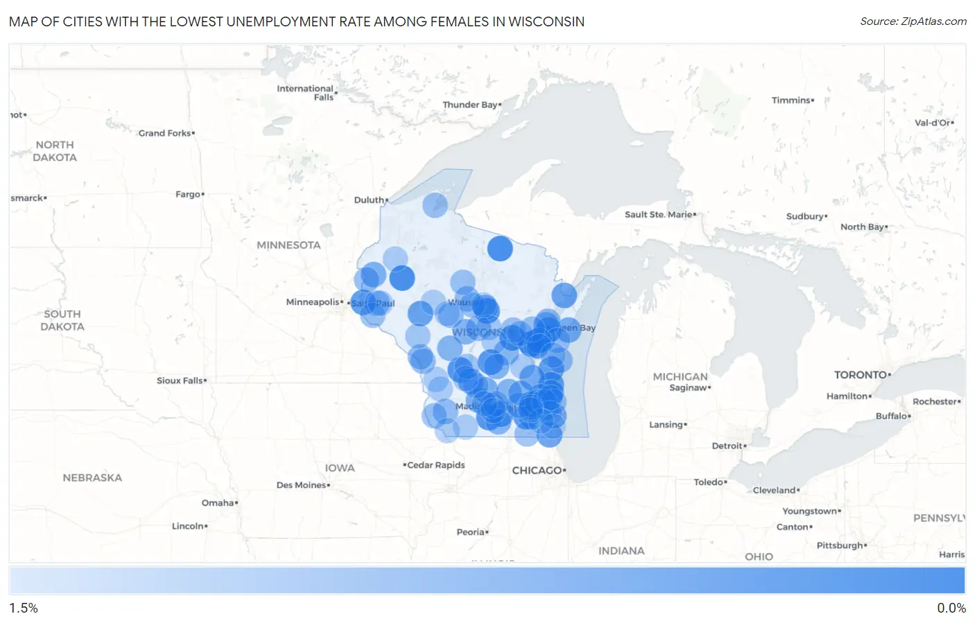 Cities with the Lowest Unemployment Rate Among Females in Wisconsin Map