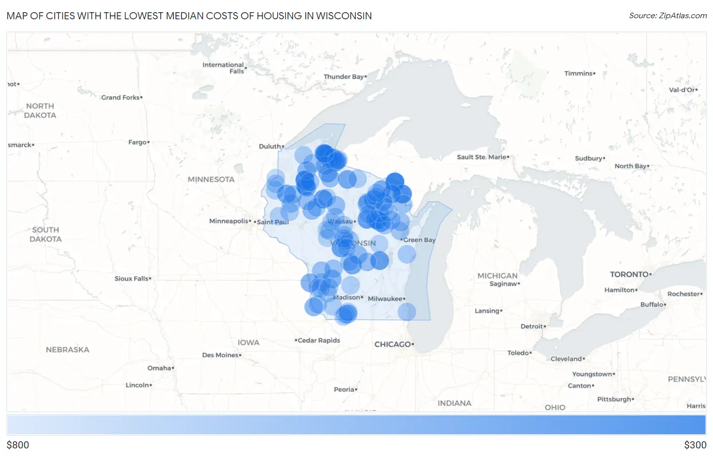 Cities with the Lowest Median Costs of Housing in Wisconsin Map