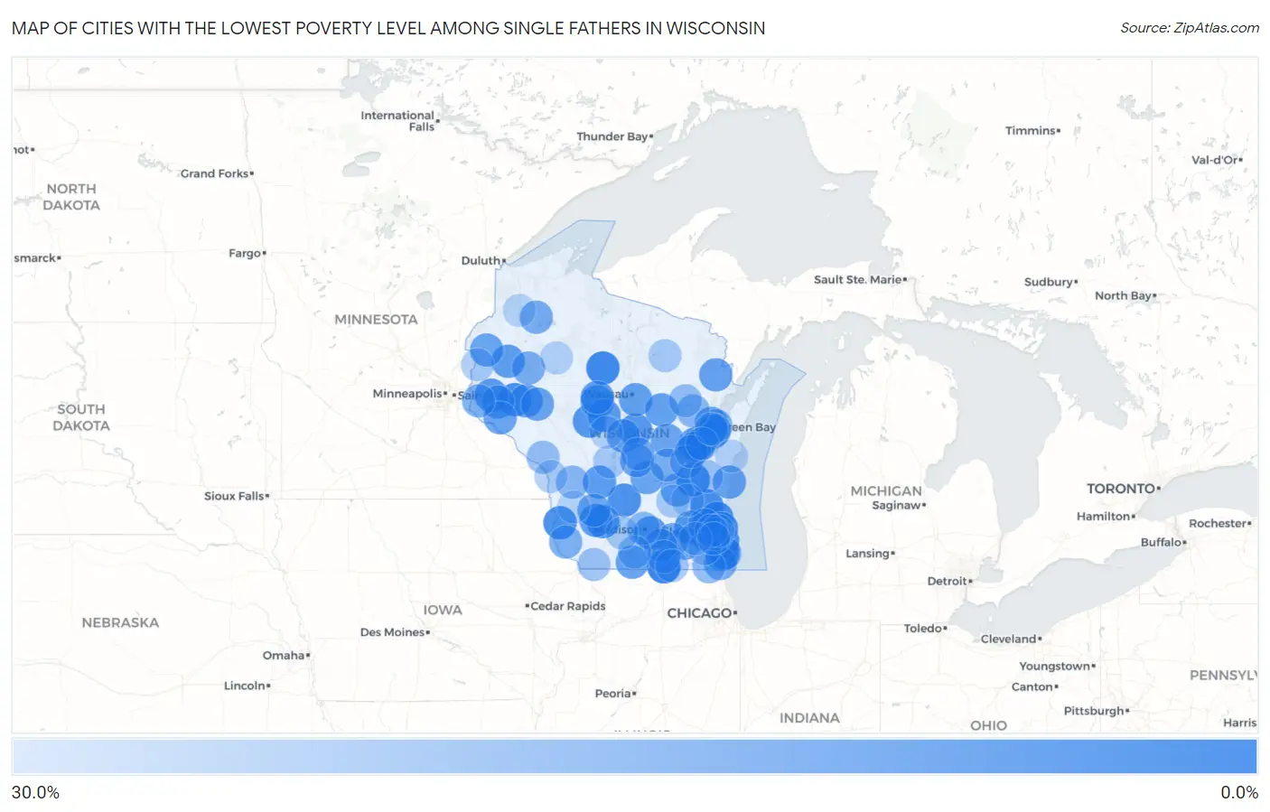 Cities with the Lowest Poverty Level Among Single Fathers in Wisconsin Map