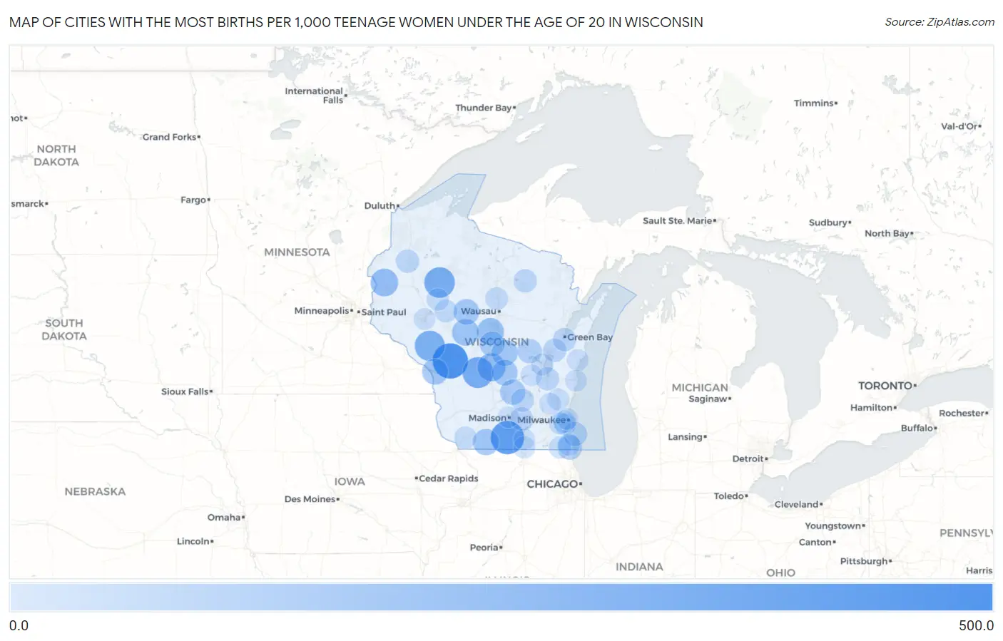 Cities with the Most Births per 1,000 Teenage Women Under the Age of 20 in Wisconsin Map