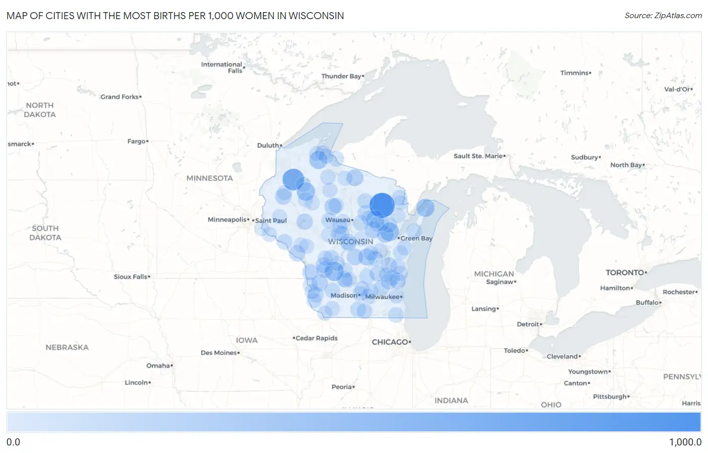 Cities with the Most Births per 1,000 Women in Wisconsin Map