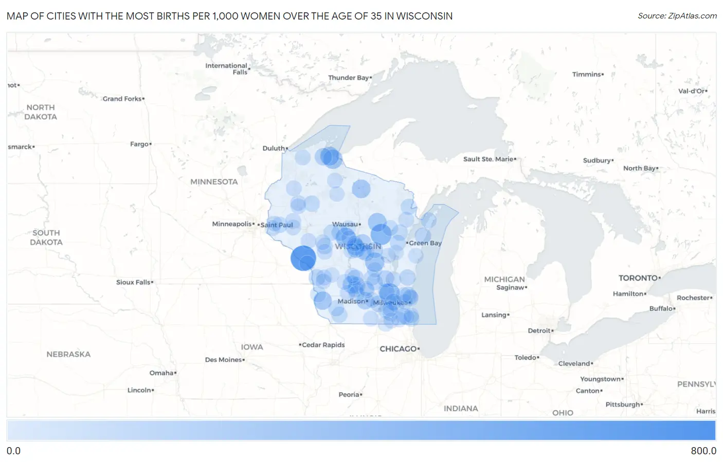 Cities with the Most Births per 1,000 Women Over the Age of 35 in Wisconsin Map
